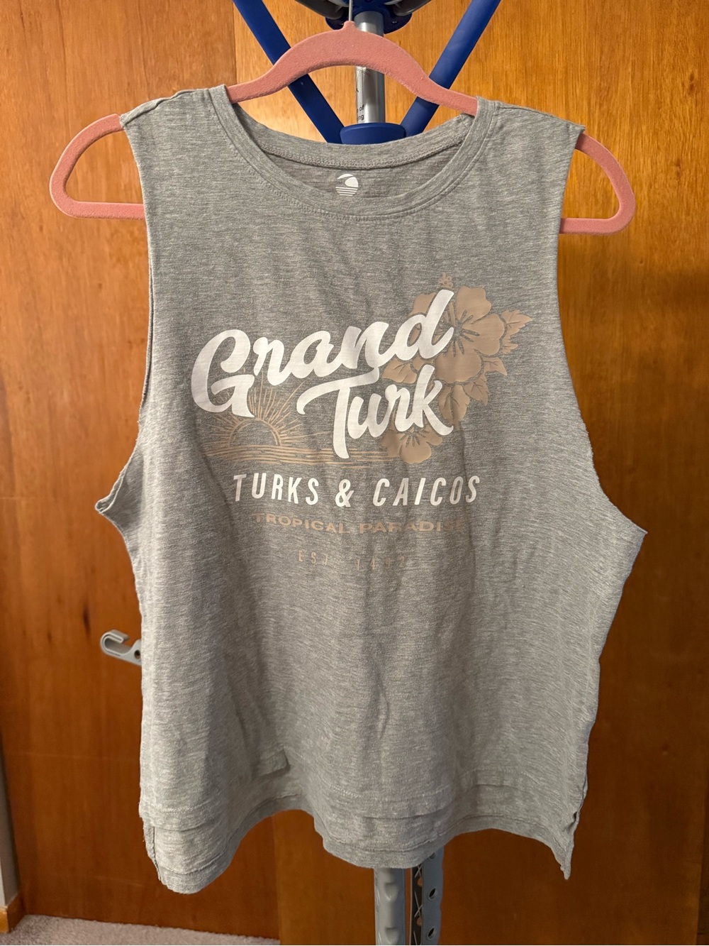 Ocean Drive Gray Tee with White Logo and Dusty Rose Neck Trim